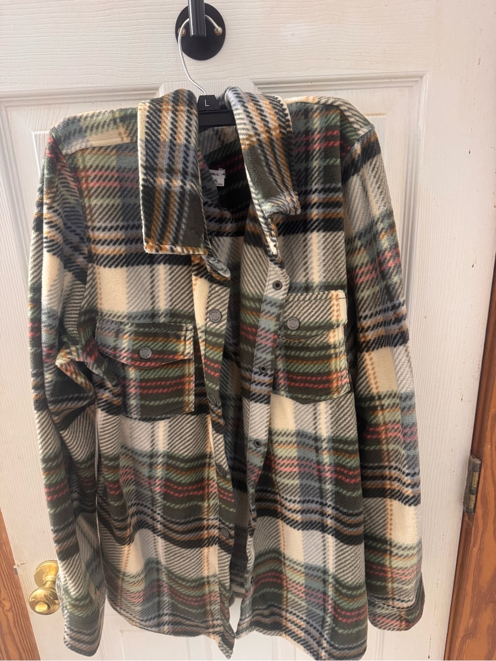 O'Neill Plaid Utility Shacket in Cream, Green and Brown Mens XL Snap Front